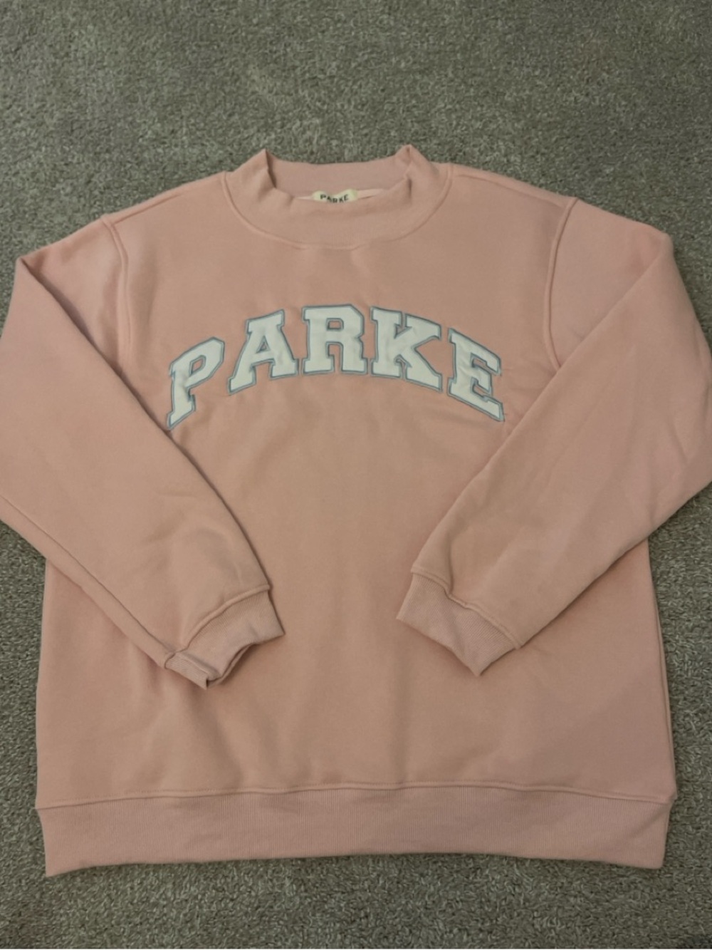 PARKE Pastel Pink Mockneck with White and Light Blue Lettering Size M Oversized